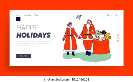 Mr and Mrs Claus Characters Landing Page Template. Happy Santa and his Wife Holding Hands under Mistletoe with Gifts Bag. Christmas Family Celebrate Winter Holidays. Linear People Vector Illustration