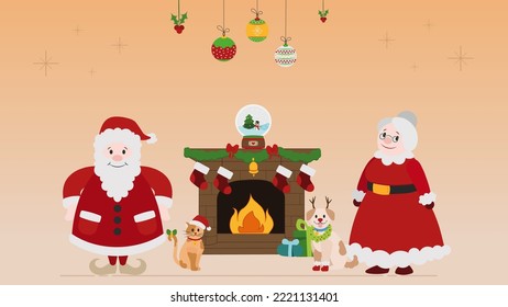 Mr. and Mrs. Claus have fun with pets. Santa Claus, wife, cat and dog having fun by the fireplace. Christmas holiday in the house, cartoon illustration vector.