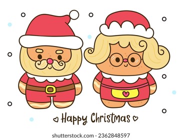 Mr and mrs claus santa Gingerbread cookie Christmas Character (happy new year kids) kawaii vector for fairy tale book. Perfect make a wish for winter festival, celebration party children, princess.