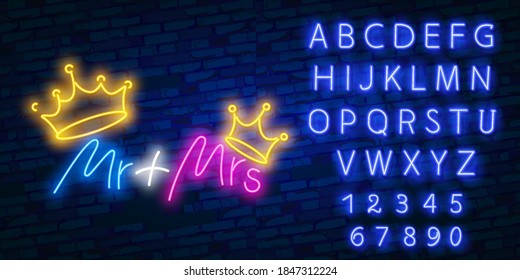 Mr and Mrs with crowns of gold. 3d neon sign. Realistic neon sign. Love day banner, logo, emblem and label. Bright signboard, light banner.