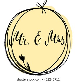 Mr and Mrs cute card, Vector isolated hand drawn hand lettering with floral tulip wreath. Printable wedding card template. Cute modern brush pen calligraphy. Ready-to print.