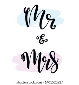 Mr and mrs design for wedding, save the date invitation, greeting card, baby shower poster in hand written calligraphy style with crown image. Lettering vector illustration EPS10.