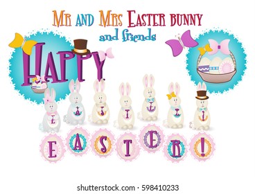 Mr and Mrs Easter bunny: Easter set includes different bunnies holding Easter eggs. Design elements: Easter eggs in a basket, butterflies, bow tie, ribbons, top hat. 