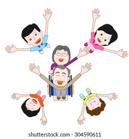 Mr. and Mrs. elderly person living among families happily