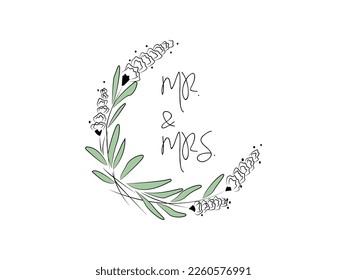 Mr and Mrs flowers circle frame. Graphic design elements for wedding cards, prints, decoration, Wreaths, greeting cards. Hand drawn round illustration set. floral frame