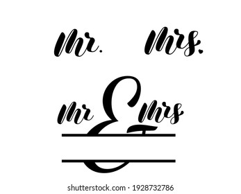 Mr Mrs frame monogram lettering. Set for couple shirts or poster. Vector stock illustration