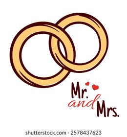 Mr. and Mrs. Gold wedding rings. Hand Drawn Wedding Vector Illustration for Banner, Poster, Card