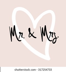 Mr & Mrs. Hand Written Vector Text. Calligraphy. Black Brush on Pink Background.