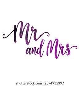 "Mr and Mrs" hand-lettered in a rich purple watercolor style. This elegant and romantic design is perfect for wedding invitations, save-the-dates, anniversary cards, and other celebratory projects.