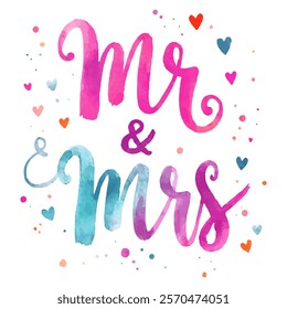 Mr and Mrs hand-lettered in a vibrant watercolor style