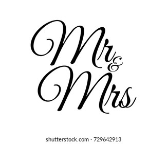 Mr and Mrs handwritten calligraphic letters isolated on white, vector illustration. Wedding, anniversary invitation conceptual template.