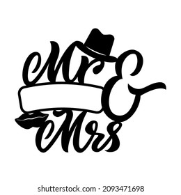 Mr and Mrs with hat and lips frame border with ribbon for name. Template for scrapbooking, photo album. Wedding love concept. Hand calligraphy words. 