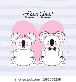 Mr. and Mrs. Koala with hearts. love you. vector illustration