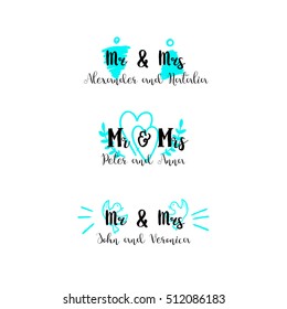 MR and MRS options on a form. Vector hand written signtaure for wedding invitations.