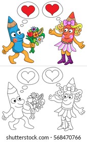 Mr and Mrs Pencil. Vector color cartoon illustration and coloring book page.