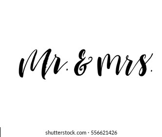 Mr and mrs postcard. Phrase for Valentine's and wedding day. Ink illustration. Modern brush calligraphy. Isolated on white background. 