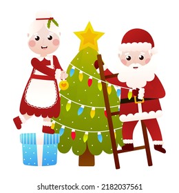 Mr and Mrs Santa Claus decorating christmas tree in cartoon style on white background, clip art for poster design