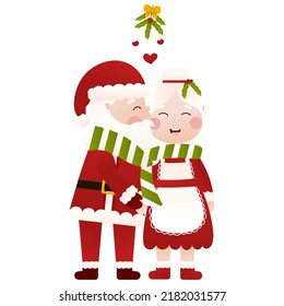 Mr and Mrs Santa Claus kissing under the mistletoe at the christmas party in cartoon style on white background, clip art for poster design or greetings cards, invitations