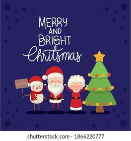 mr and mrs santa claus with one christmas tree on blue background vector illustration design