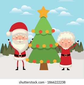 mr and mrs santa claus with one christmas tree vector illustration design