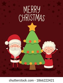 mr and mrs santa claus with one christmas tree on red background vector illustration design