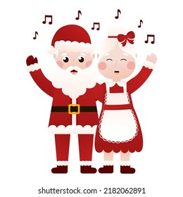 Mr and Mrs Santa Claus singing xmas carols in cartoon style on white background, clip art for poster design or greetings cards, invitations