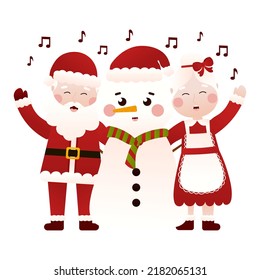 Mr and Mrs Santa Claus singing xmas carols with snowman in cartoon style on white background, clip art for poster design or greetings cards, invitations