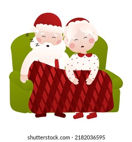 El señor y la señora Santa Claus durmiendo en un sofá con estilo de dibujos animados sobre fondo blanco, imágenes prediseñadas para el diseño de afiches o tarjetas de felicitación, invitaciones