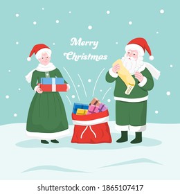 Mr. and Mrs. Santa Clause putting the gifts into Santa's sack. Flat cartoon character vector illustration.