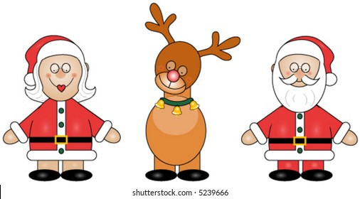 Mr. and Mrs. Santa and their reindeer, christmas vector design elements.