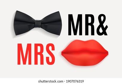 Mr. and Mrs. Sign with Black bow tie and Red Lips. 3d Vector Illustration