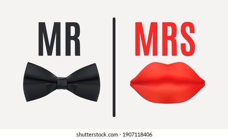 Mr. and Mrs. Sign with Black bow tie and Red Lips. 3d Vector Illustration