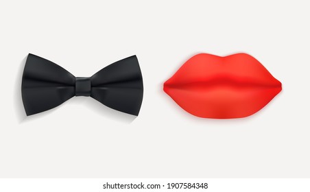 Mr. and Mrs. Sign with Black bow tie and Red Lips. 3d Vector Illustration