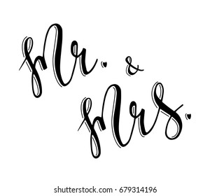 Mr and Mrs sign.  Mister and Misis. Hand drawn lettering vector illustration. For wedding or event design card, invitation, decor.