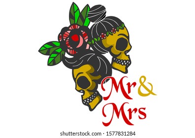 mr and mrs skull with rose flower