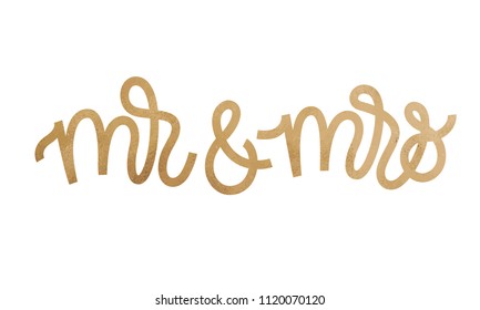 Mr and Mrs text on white background. Hand drawn Calligraphy lettering Vector illustration with golden glitter effect.