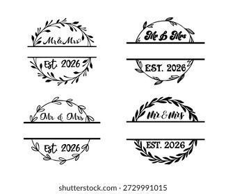 Silueta de texto del Sr. y la Sra. Diseño de símbolo de logotipo de Boda. Estilo de caligrafía negra. Aislado sobre fondo blanco.