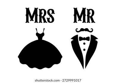 Silhueta de texto do Sr. e Sra. Símbolo de logotipo de tipografia de casamento. Estilo de caligrafia negra. Isolado em fundo branco.