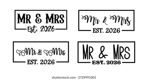 Mr and Mrs text. Wedding calligraphy lettering. Elegant handwritten script. Vector illustration isolated on white background.