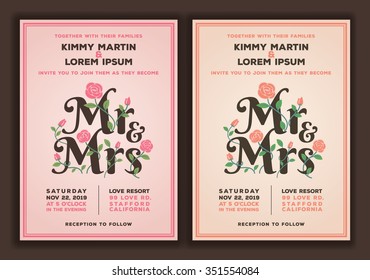 Mr And Mrs Title With Flower Wedding Invitations Template. Peach And Old Rose Color Tone Wedding Invitation.vector Illustration