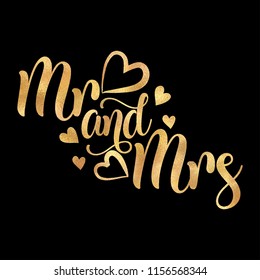 Mr and Mrs- Vector gold glitter typography on black background. Handwriting romantic lettering. Hand drawn illustration for postcard, wedding card, romantic valentine's day poster, t-shirt or gifts.