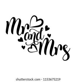 Mr and Mrs- Vector typography. Handwriting romantic lettering. Hand drawn illustration for postcard, wedding card, romantic valentine's day poster, t-shirt design or other gift.