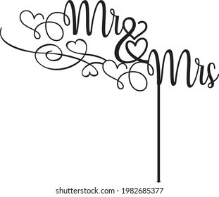 Mr and Mrs wedding cake topper vector design, Mr Mrs calligraphy swirls pattern, hand written calligraphy with hearts,l