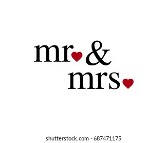 Mr & Mrs wedding hand written lettering with hearts. Wedding decoration. Mister and mrs for wedding and invitation elements. Traditional wedding words. On white background. Vector illustration.