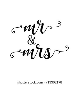 Mr and Mrs wedding lettering. Wedding invitation design. Couple modern calligraphic sign. 
