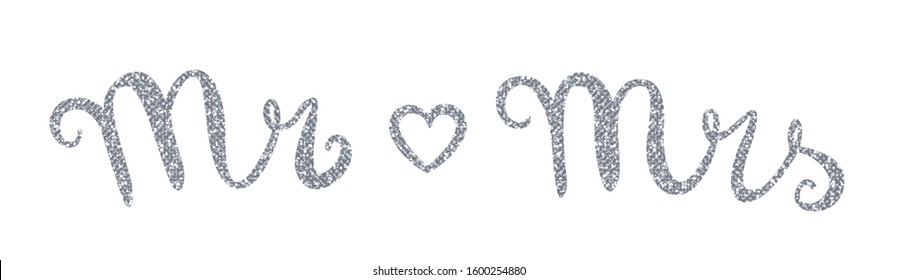 Mr and Mrs Wedding Lettering in Silver Glitter - Bride and Groom Typography