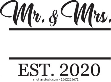 Mr & Mrs wedding lettering with your name and 2020 for Wedding invitation design. Couple modern calligraphic sign.Vector illustration isolated on white background.  Brush pen lettering. Wedding words