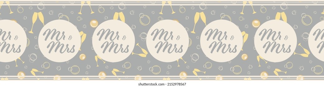 Mr and Mrs wedding typography vector template border on a backdrop of champagne glasses, fizzy bubbles. Pastel lilac gold banner with fizzy celebration drinks and circle framed script font for wedding