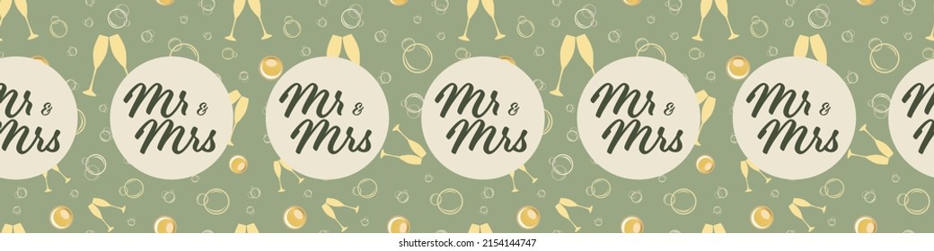 Mr and Mrs wedding typography vector template border on a backdrop of champagne glasses, fizzy bubbles. Sage green gold banner with fizzy celebration drinks and circle framed script font for wedding