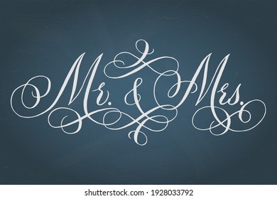 Mr and Mrs wedding words. Hand written vector design element in white over textured muted blue background. Traditional marriage calligraphy.